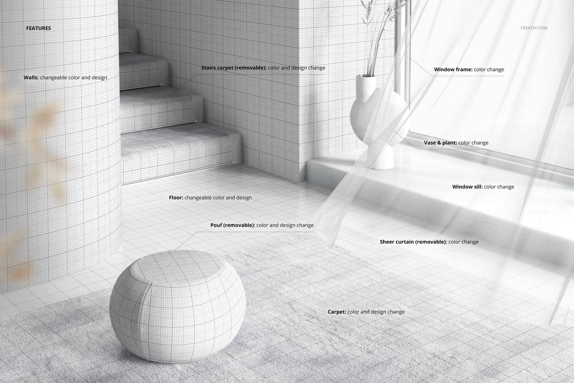Mockup scene showing a round pouf and carpet with grid texture, next to a window and stairs, in a bright interior.