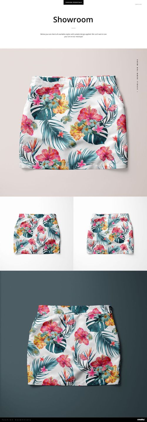 Flat lay of a colorful floral women’s skirt mockup, showing large leaves and flowers on a light surface.
