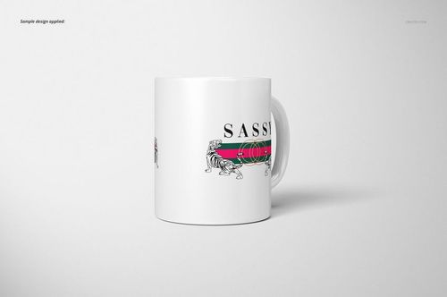 Front view of a white 11oz mug with a horizontal green and red stripe and tiger illustration, set against a plain background.