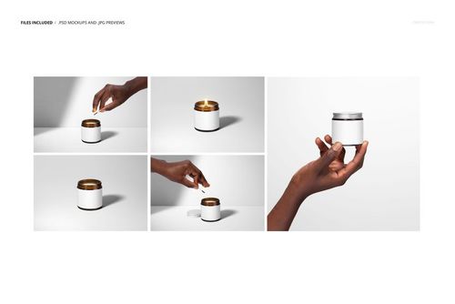 PSD mockup of 4oz amber jar candle with wooden wick, including top view, front view, and hand interacting with the jar.