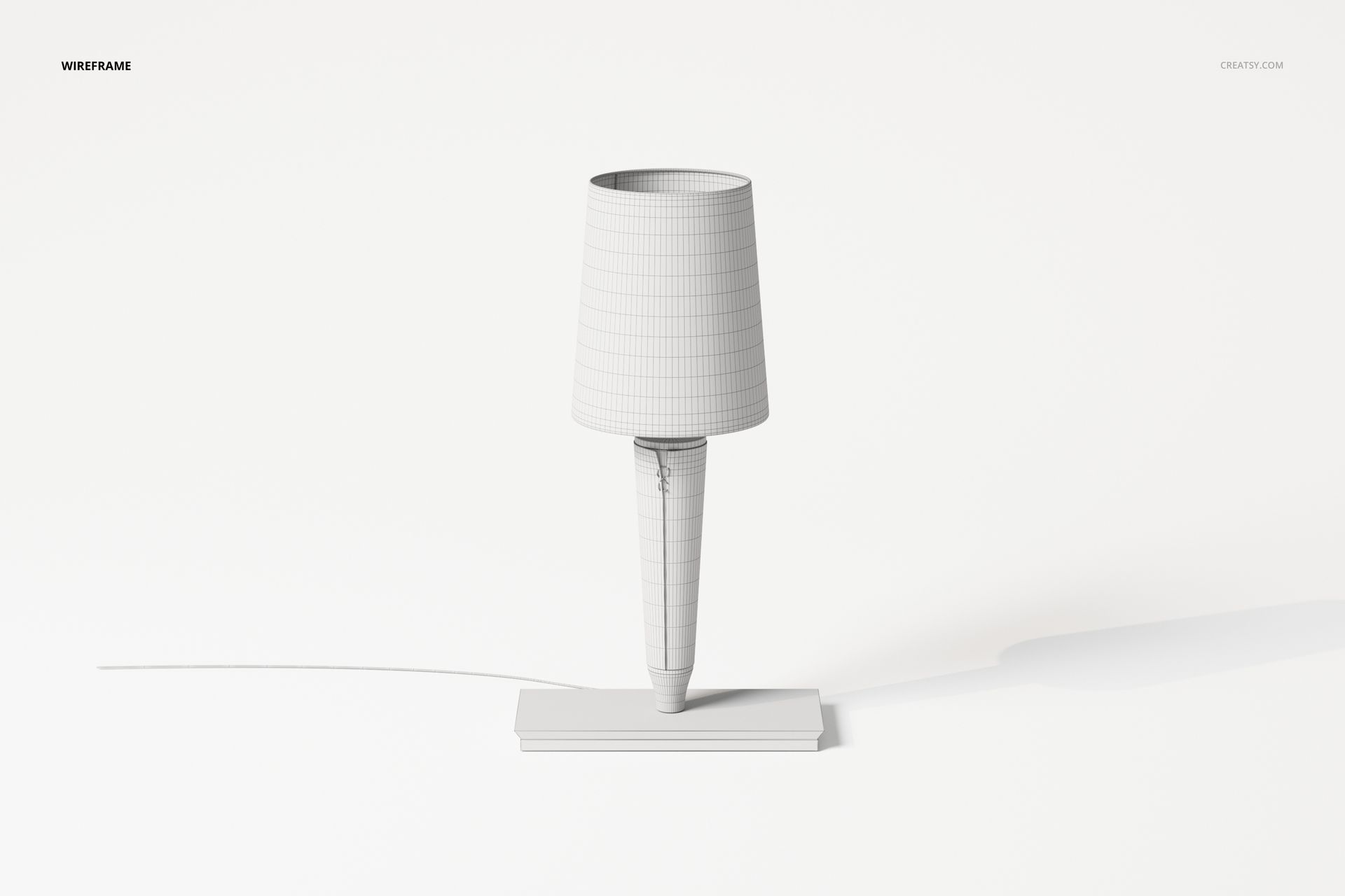 Front view of a covered base table lamp 3D model in wireframe style, shown on a plain white background.