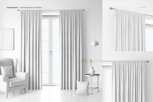 Mockup of velvet pencil pleat curtains in soft gray, shown in a modern interior with chair, pillow, and vase.