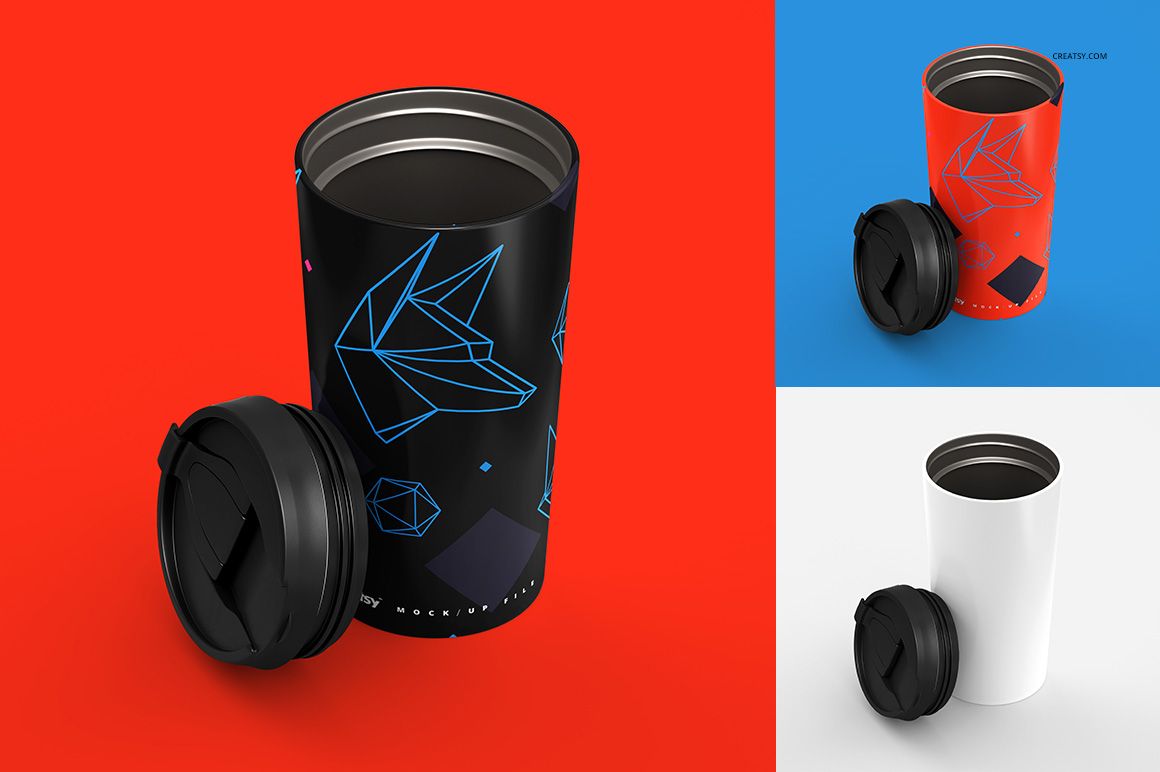 16 oz stainless steel tumbler mockup with geometric blue line design, shown with black lid on red background.