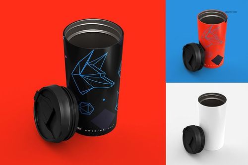 16 oz stainless steel tumbler mockup with geometric blue line design, shown with black lid on red background.