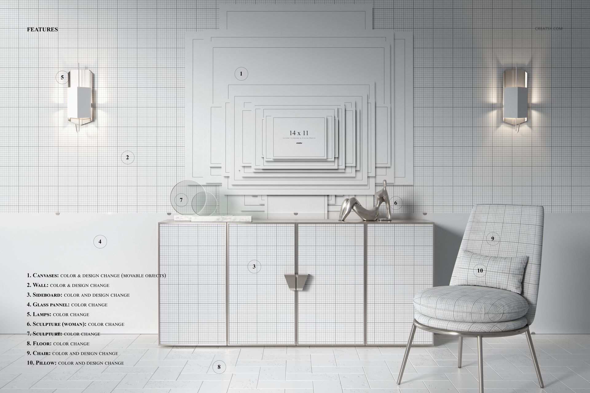 Front view of a modern luxury room with layered canvas prints mockup on a grid-patterned wall, neutral tones, and stylish decor.