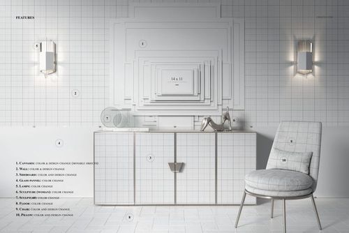 Front view of a modern luxury room with layered canvas prints mockup on a grid-patterned wall, neutral tones, and stylish decor.