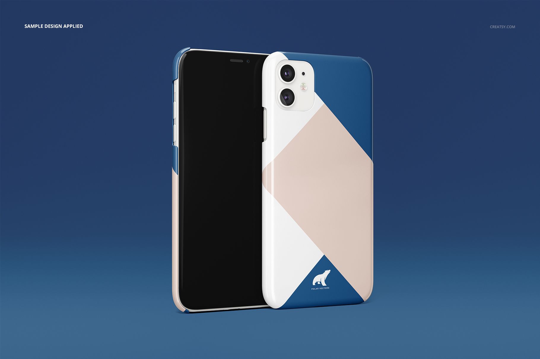iPhone 11 mockup with glossy snap cases, displaying a minimalist geometric design against a plain blue backdrop.
