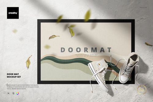 Top view of a door mat mockup featuring neutral colors and soft wave design, surrounded by scattered leaves and shoes.