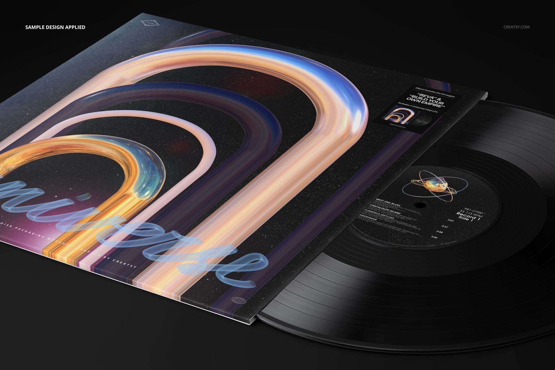 Vinyl record and cover mockup shown at an angle, with vibrant curved designs and cosmic elements on the sleeve.