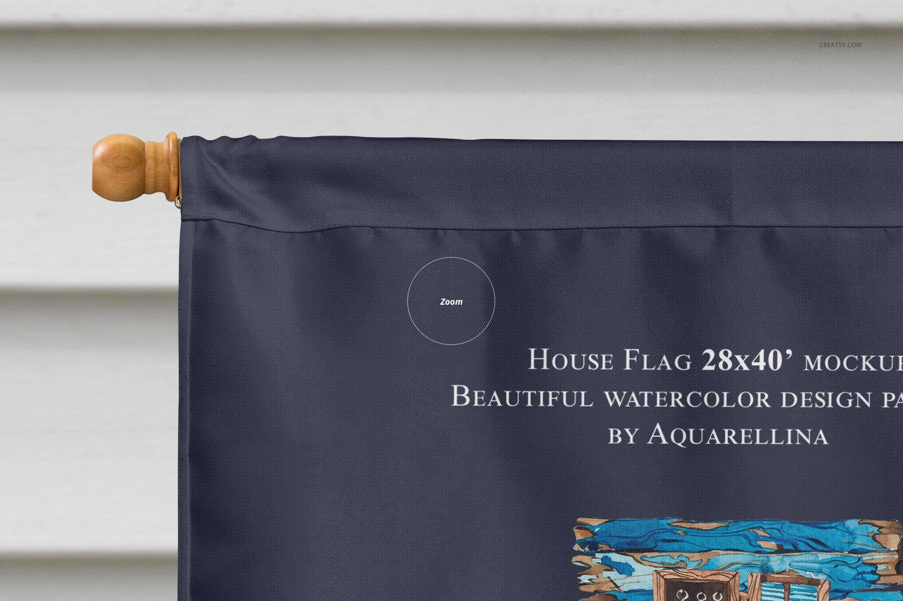 Large house flag mockup with navy blue fabric, wooden pole, and white text, shown in a close-up front view.