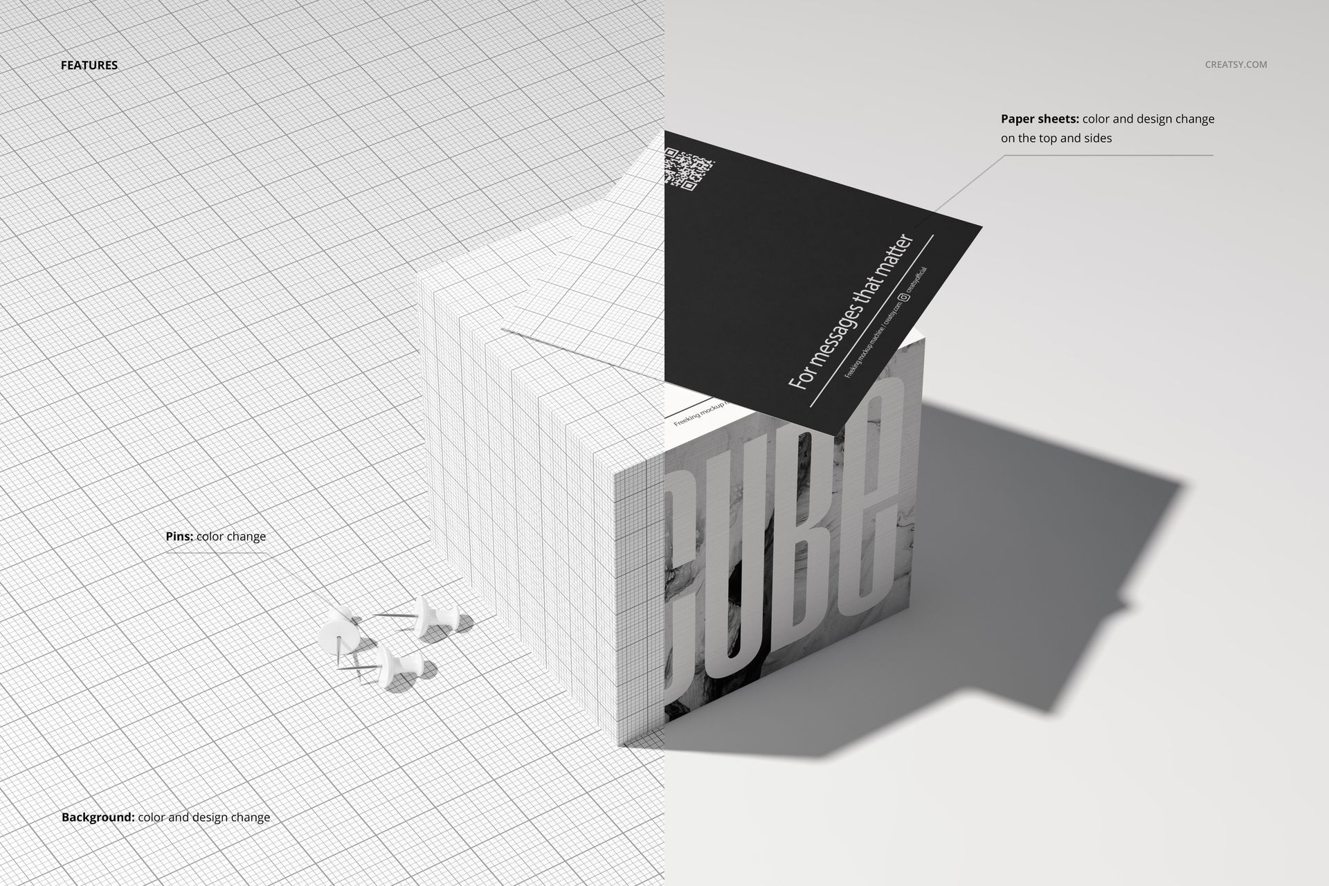 Note cube mockup set featuring a cube-shaped paper block with customizable color and design, shown in a split view.