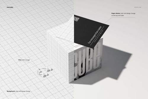 Note cube mockup set featuring a cube-shaped paper block with customizable color and design, shown in a split view.