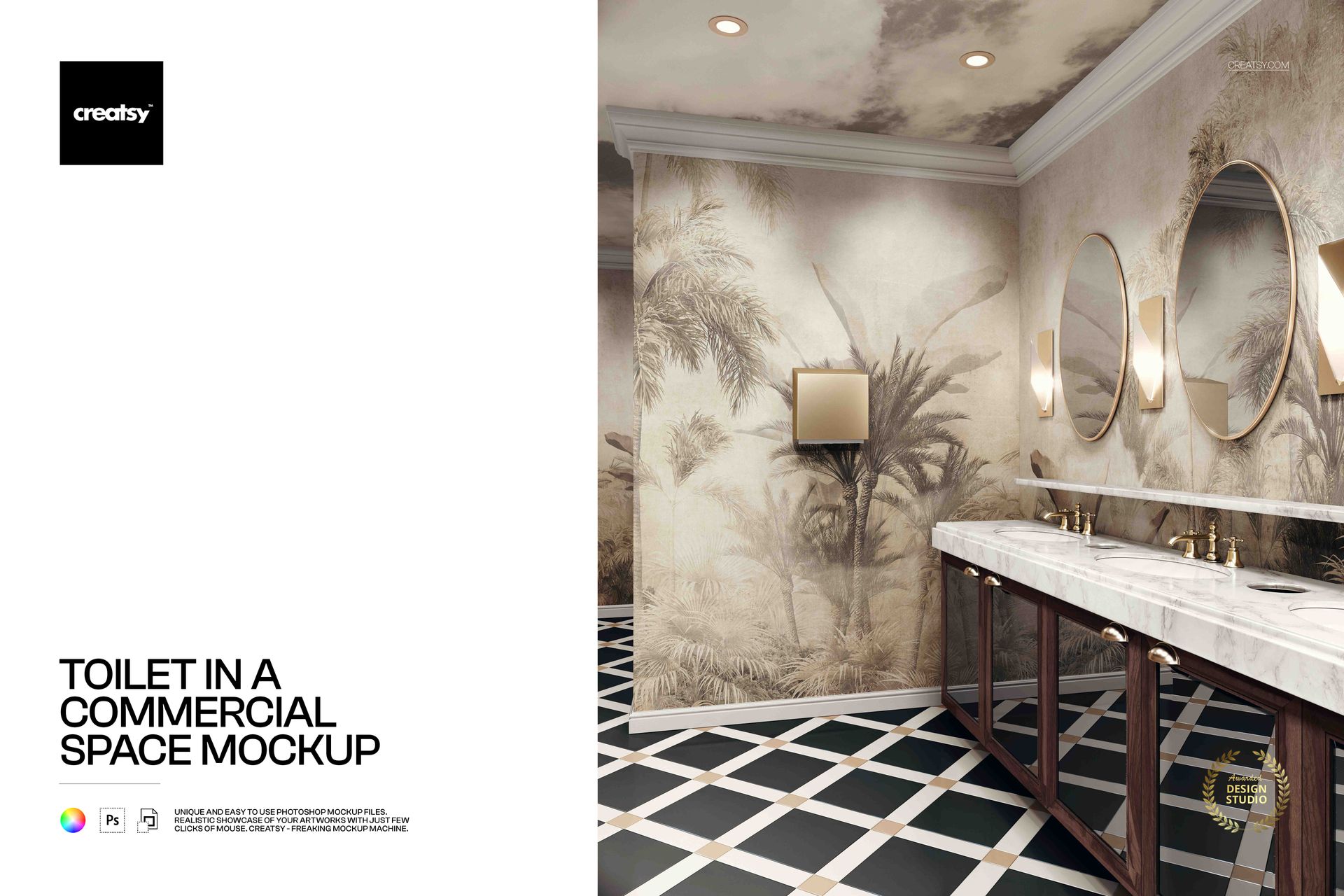 Modern commercial restroom mockup featuring a marble countertop, round mirrors, and tropical wall art in a spacious setting.