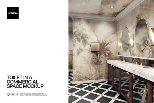 Modern commercial restroom mockup featuring a marble countertop, round mirrors, and tropical wall art in a spacious setting.