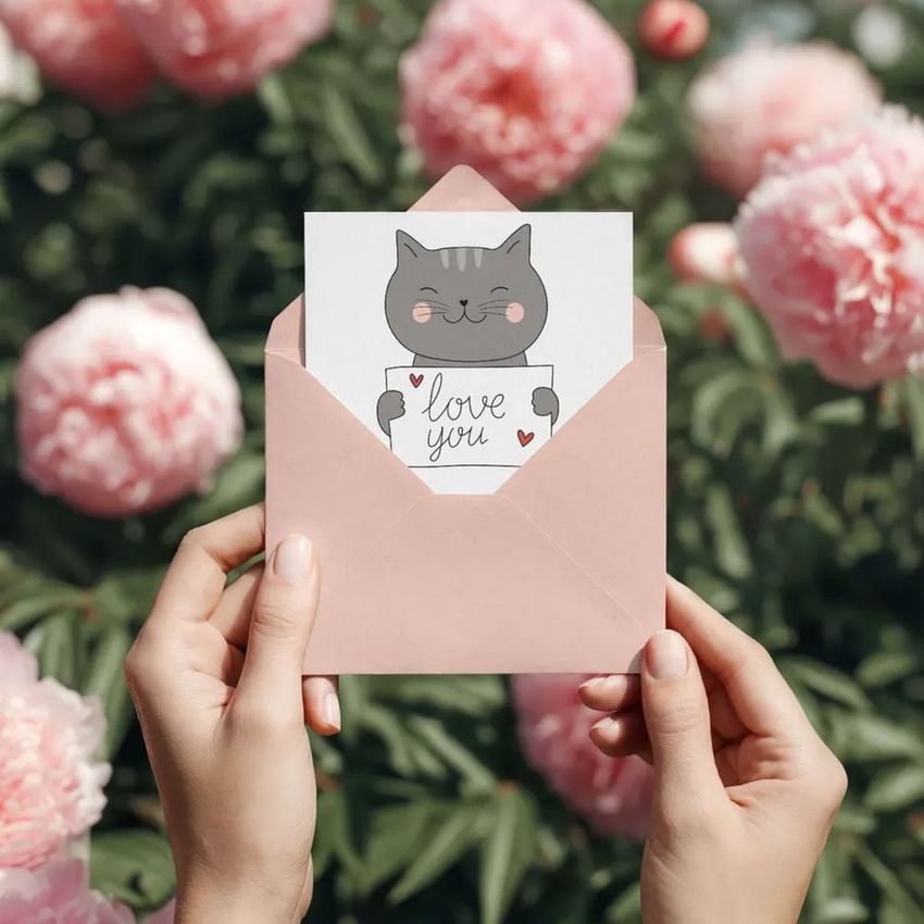 Hands holding a pink envelope with a greeting card featuring a cute cat illustration and love-themed text, surrounded by blooming peonies.