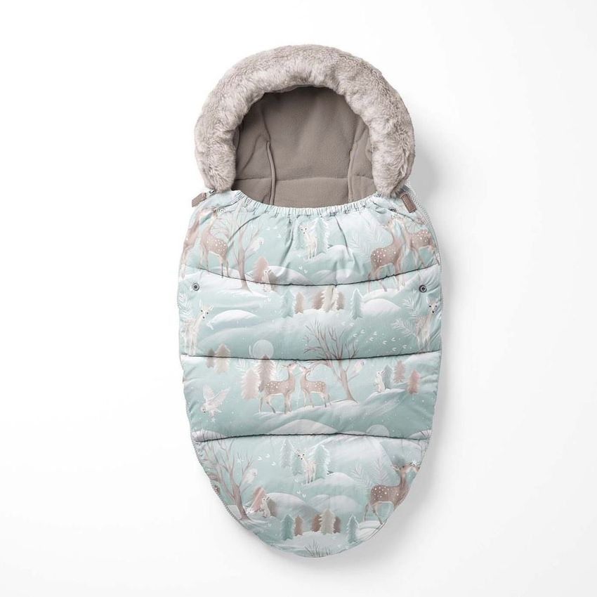 Footmuff mockup featuring a winter-themed pattern with deer and trees on a light blue background, shown on a white surface.