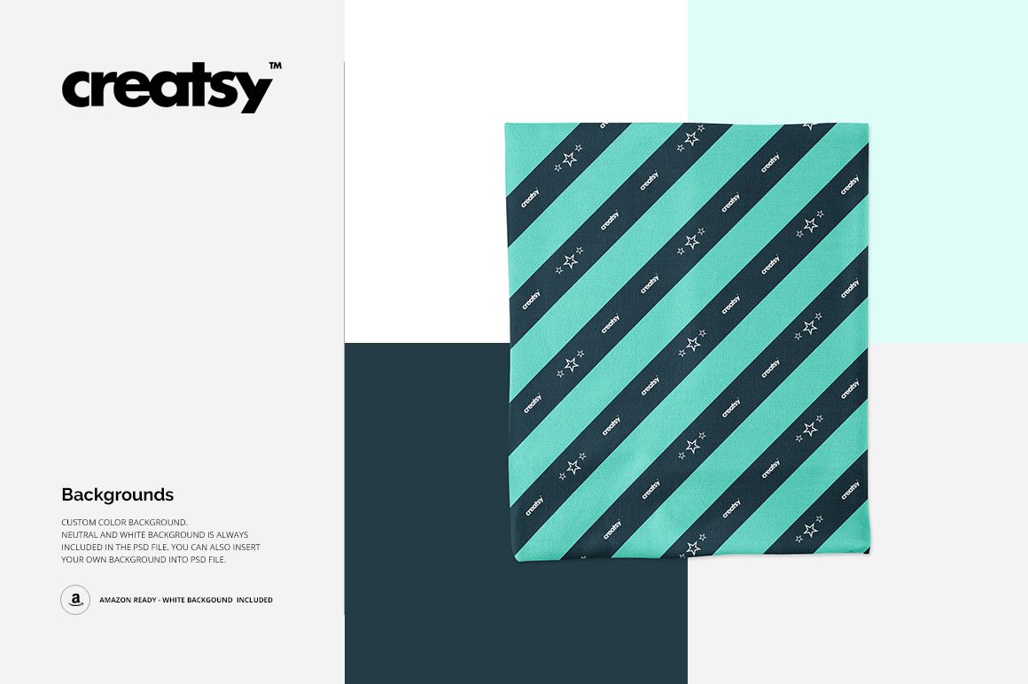 Square neck gaiter mockup displayed flat, featuring diagonal stripes in teal and dark blue with small geometric accents.