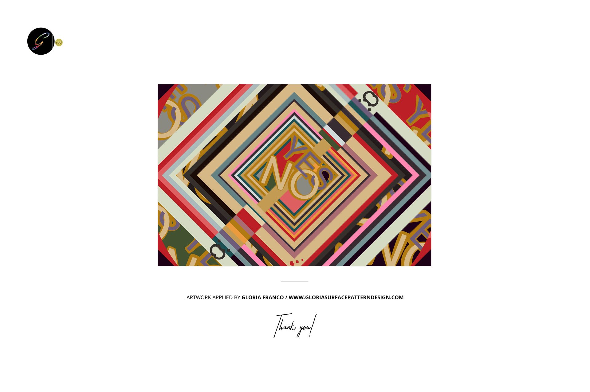 Twill silk scarf mockup showing a vibrant, layered diamond pattern with various colors and gold letters, top view.