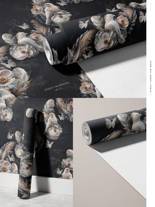 Non-woven vinyl wallpaper mockup featuring a dark background with detailed owl and feather illustrations, front and top views.