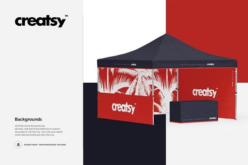 13x13 pop up tent PSD mockup featuring a dark blue canopy and red side panels with white palm leaf graphics.
