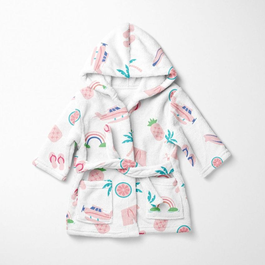 Kids bath dressing gown mockup featuring a white robe with colorful summer-themed illustrations on a light gray background.
