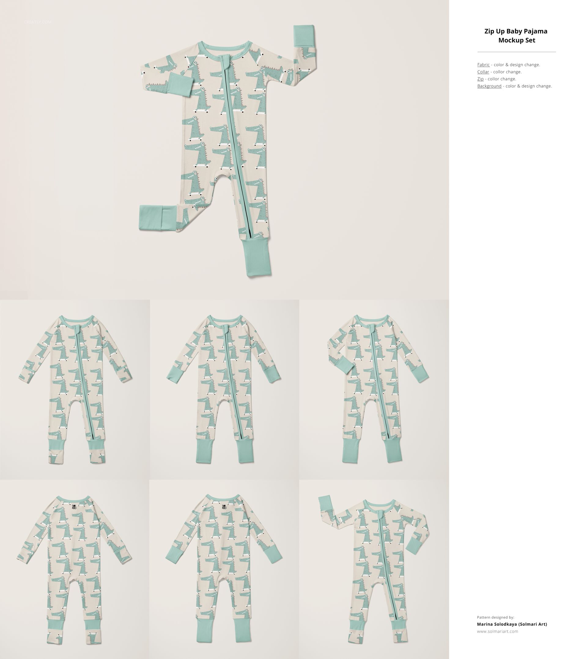 Front view of a kids pajama mockup with a playful animal pattern in mint green and white, displayed on a neutral background.