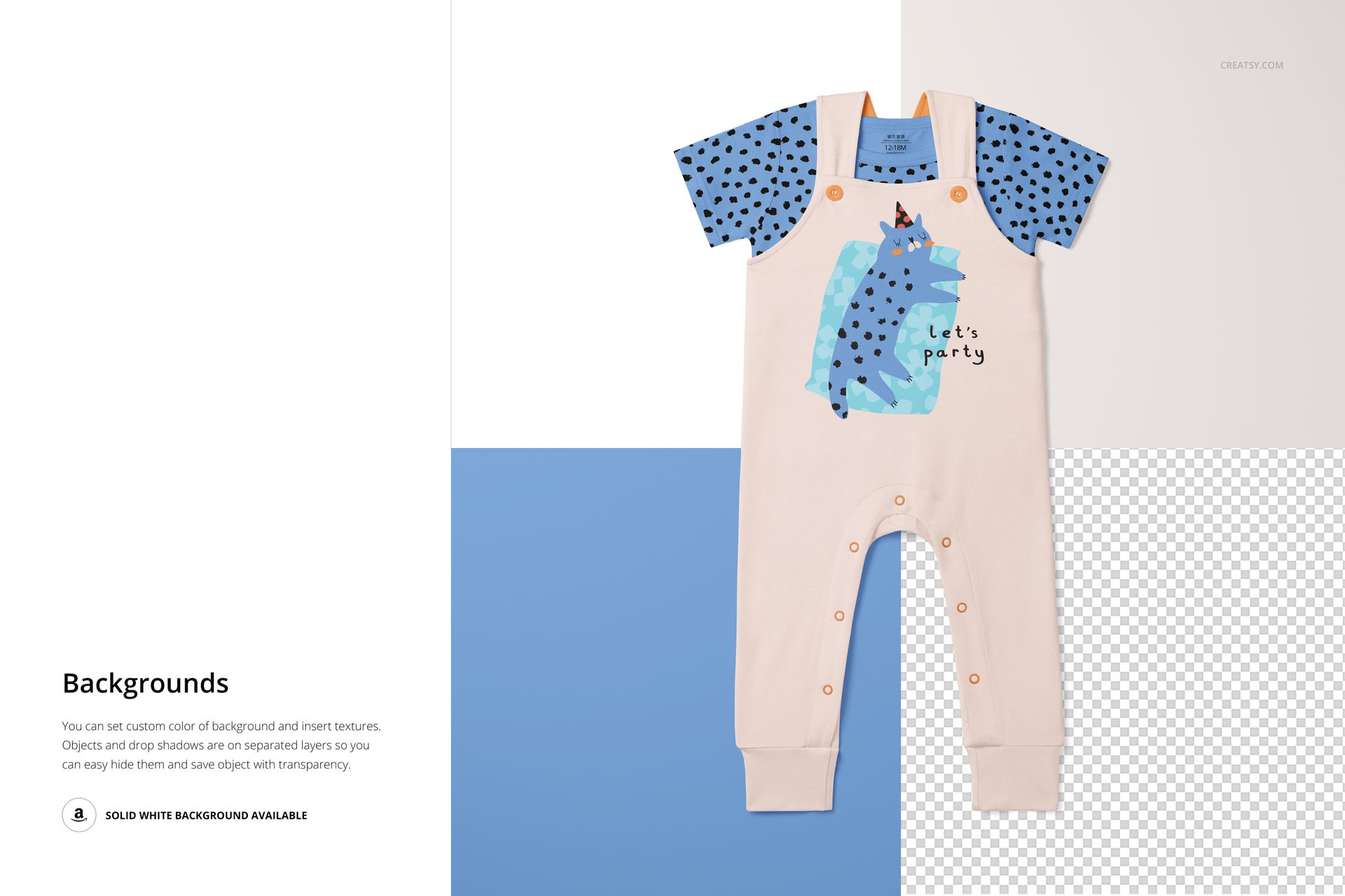 Toddler t-shirt and overalls mockup with playful blue and beige colors, shown from the front on a split background.