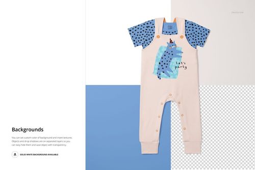 Toddler t-shirt and overalls mockup with playful blue and beige colors, shown from the front on a split background.