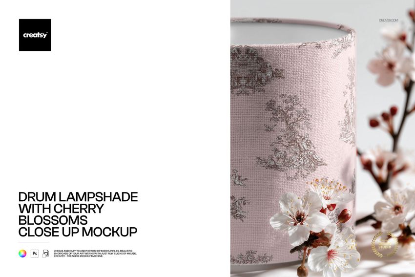 Drum Lampshade with Cherry Blossoms Close Up Mockup - mockup screenshot 1