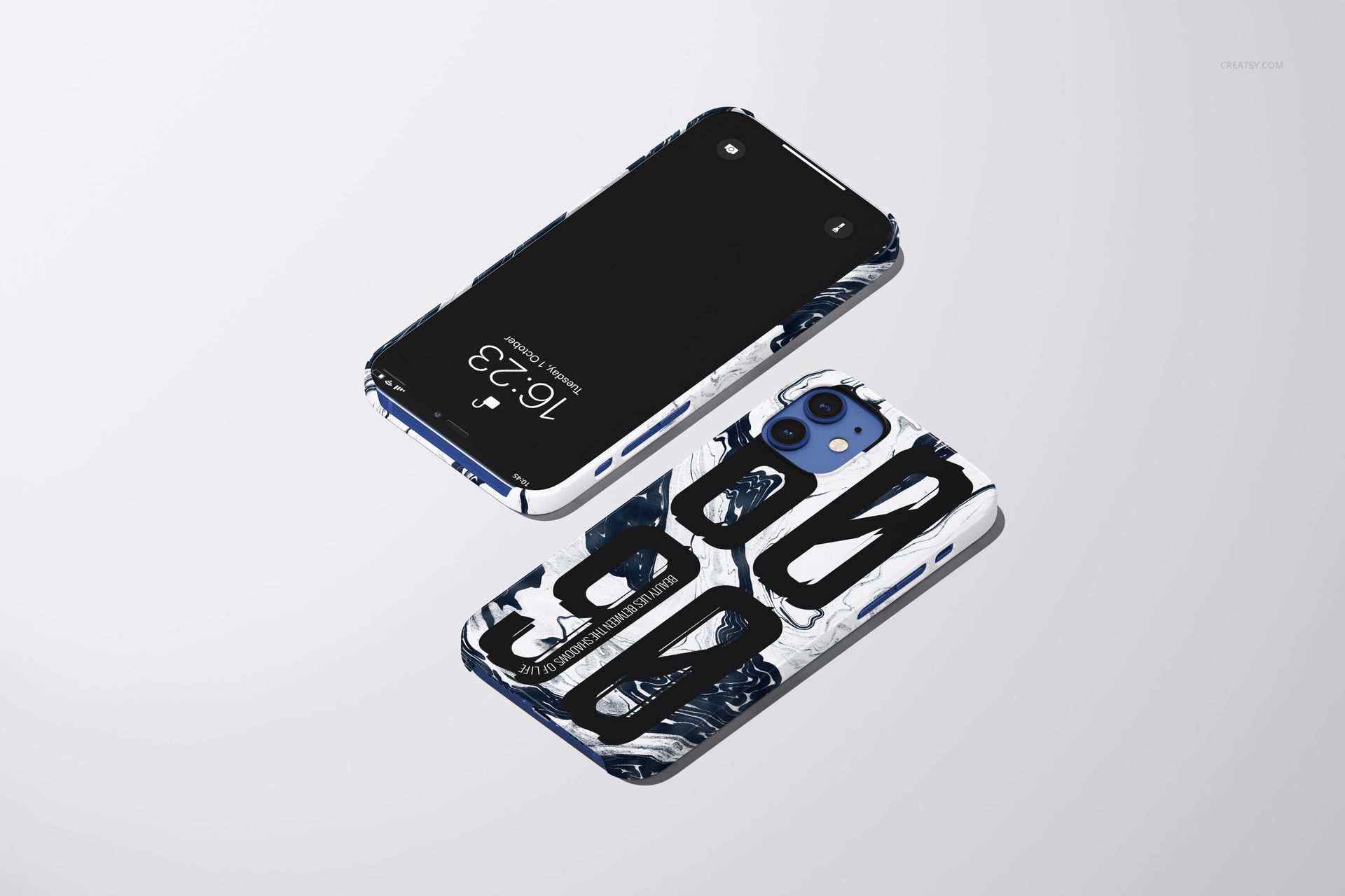 iPhone 12 snap case mockup featuring a glossy finish and striking black and white graphic pattern, viewed from above.