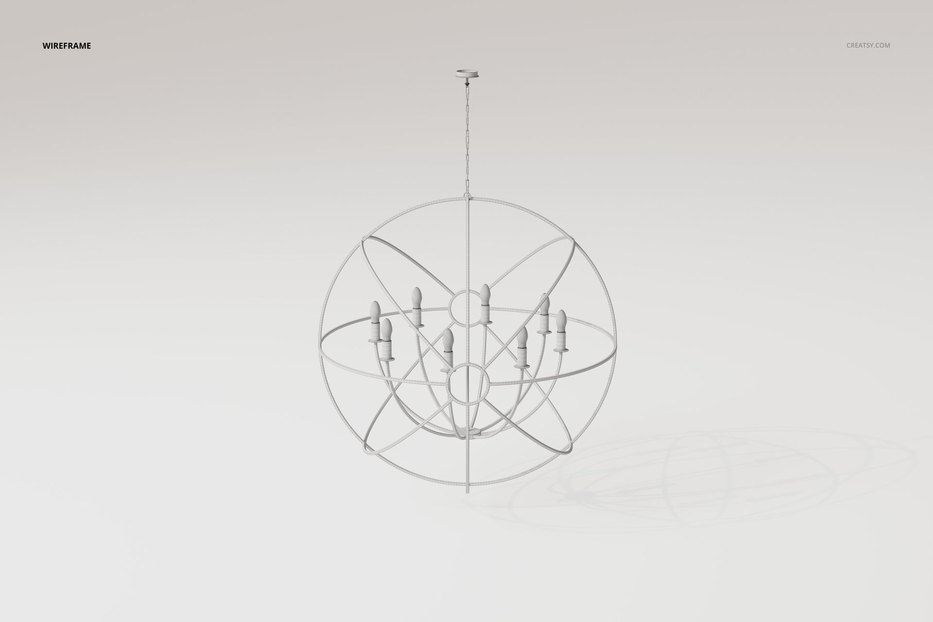 Wireframe view of a modern sputnik style chandelier with spherical metal frame and multiple light bulbs, front angle.