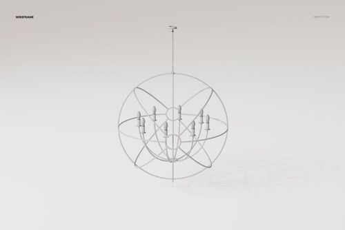 Wireframe view of a modern sputnik style chandelier with spherical metal frame and multiple light bulbs, front angle.