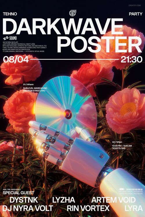 Colorful poster mockup with a metallic robotic hand grasping a disc, surrounded by bright flowers and event information.