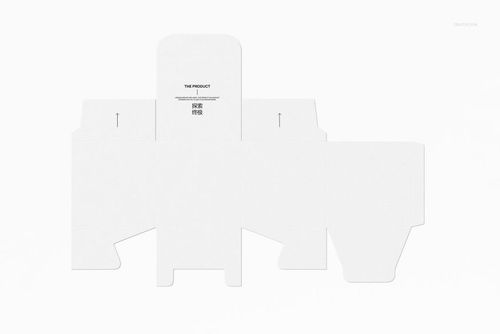 Unfolded square box mockup in PSD format, showing cut and fold lines on a clean white surface from above.