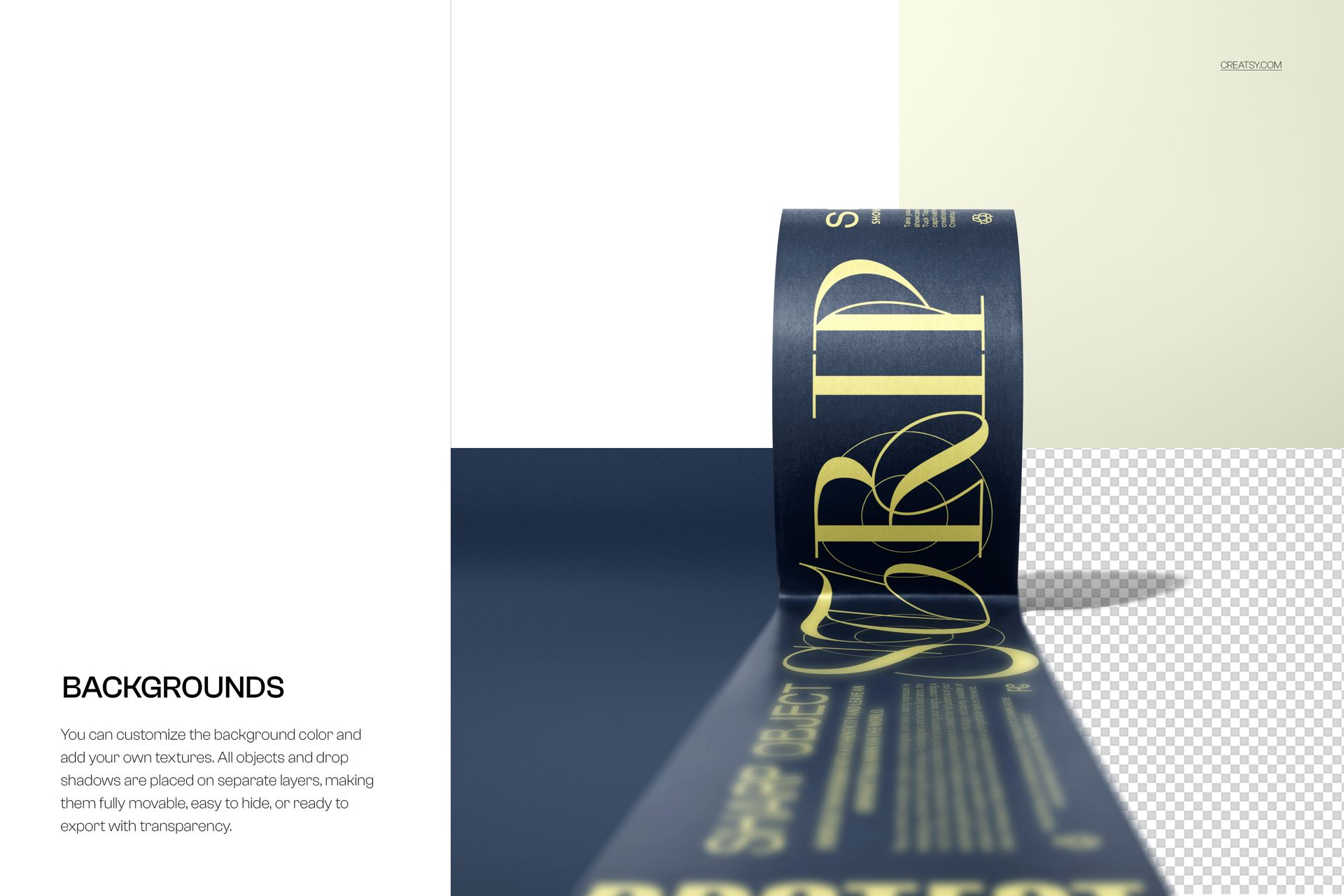 Wide unrolled tape mockup with bold yellow lettering on dark blue, shown from a low angle on a flat surface.