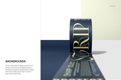 Wide unrolled tape mockup with bold yellow lettering on dark blue, shown from a low angle on a flat surface.