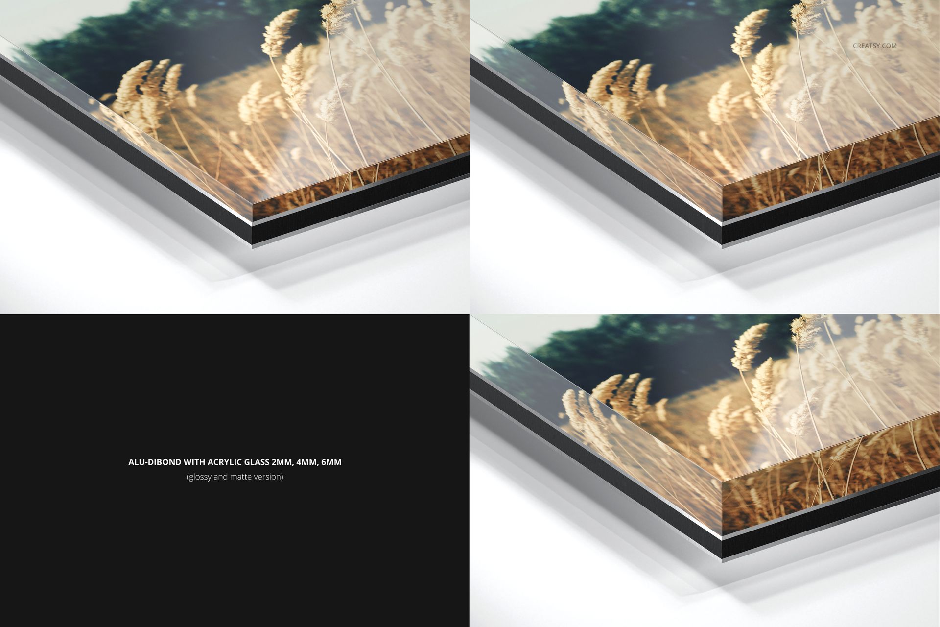 Detailed mockup of alu-dibond and acrylic print edges featuring a wheat field image, various surface textures.