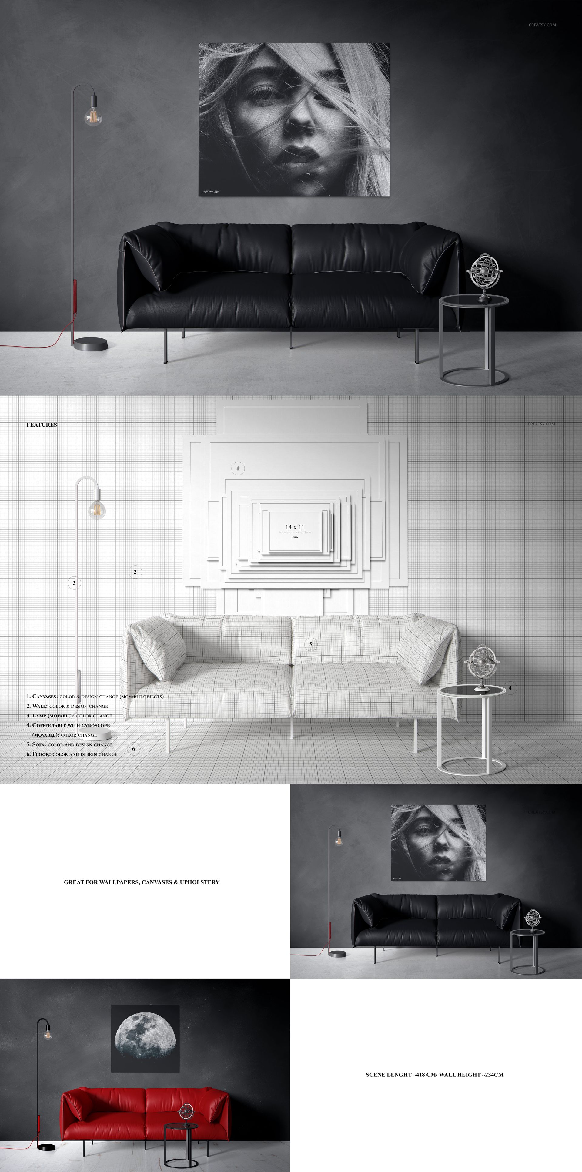 Modern living room scene with a black sofa, round side table, floor lamp, and wall art mockup on a dark wall.