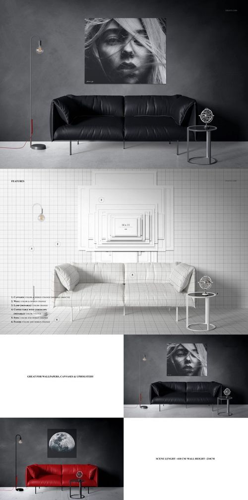 Modern living room scene with a black sofa, round side table, floor lamp, and wall art mockup on a dark wall.