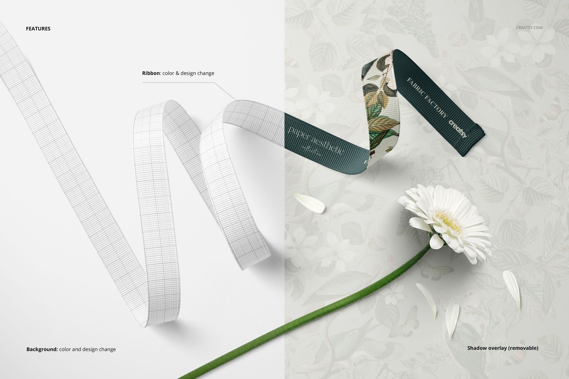 Front view of a flower and grosgrain ribbon mockup with two ribbons, one with a grid pattern and one with botanical design, on a split background.