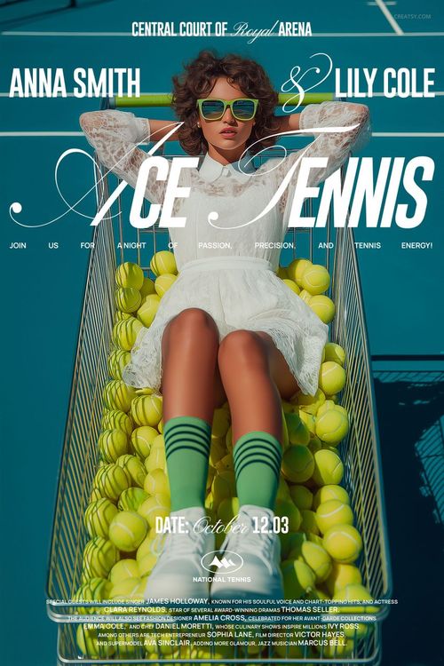 PSD mockup poster featuring a shopping cart loaded with tennis balls and a person seated, with tennis court background.