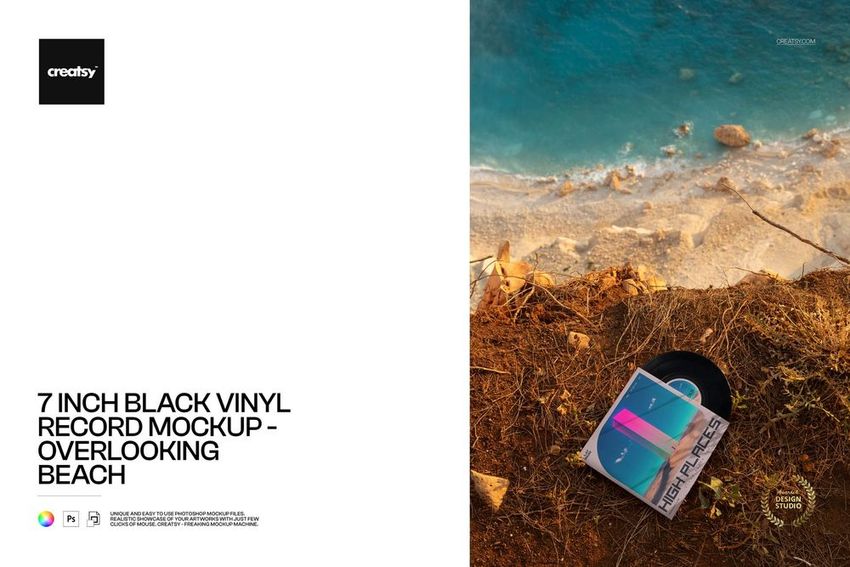 PSD mockup showing a 7 inch black vinyl record and album sleeve on a dirt cliff above a turquoise coastal shoreline.