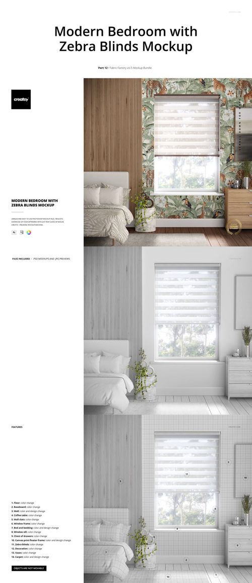 PSD mockup showing a bedroom with zebra blinds, floral wallpaper, and wooden furniture in a well-lit setting.