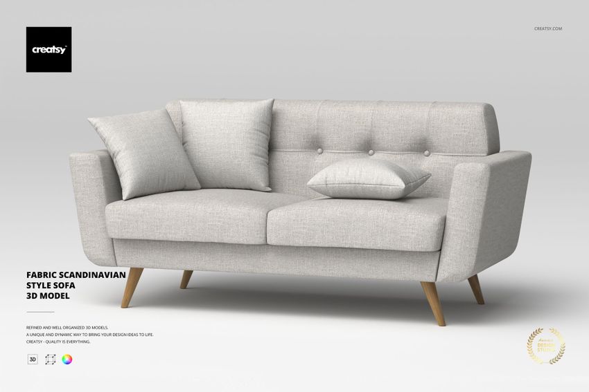 Fabric Scandinavian Style Sofa 3D Model - mockup screenshot 1