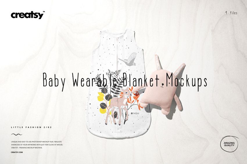 Baby wearable blanket mockup featuring playful animal prints and a plush toy, shown from above on a neutral background.