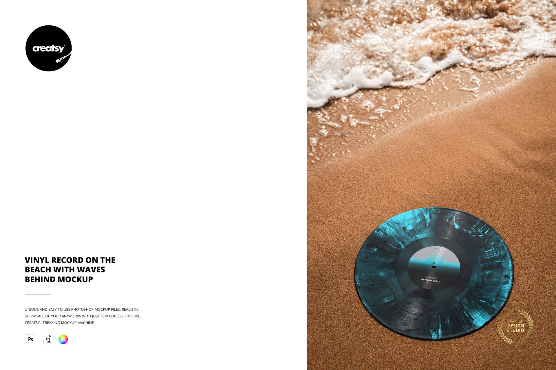 Vinyl record with a blue and black pattern lying on sandy beach near foamy ocean waves, top view mockup.