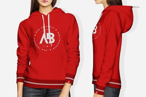 Women’s red hoodie mockup shown from front and profile angles, white logo and striped details on cuffs and hem.