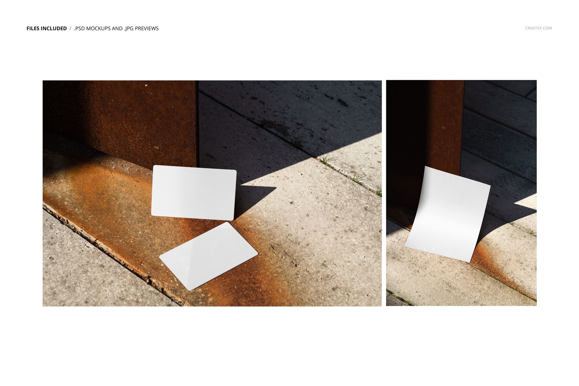 Two blank business cards and a blank poster mockup are placed on a concrete and rusted metal surface in natural light.
