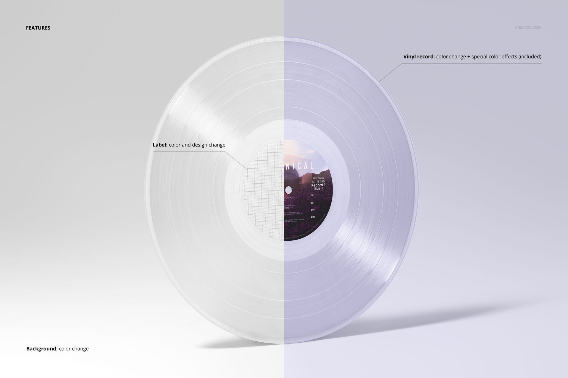 Translucent colored vinyl record with visible label, shown from a front angle on a light background, PSD mockup style.