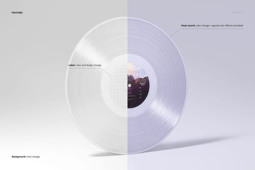 Translucent colored vinyl record with visible label, shown from a front angle on a light background, PSD mockup style.